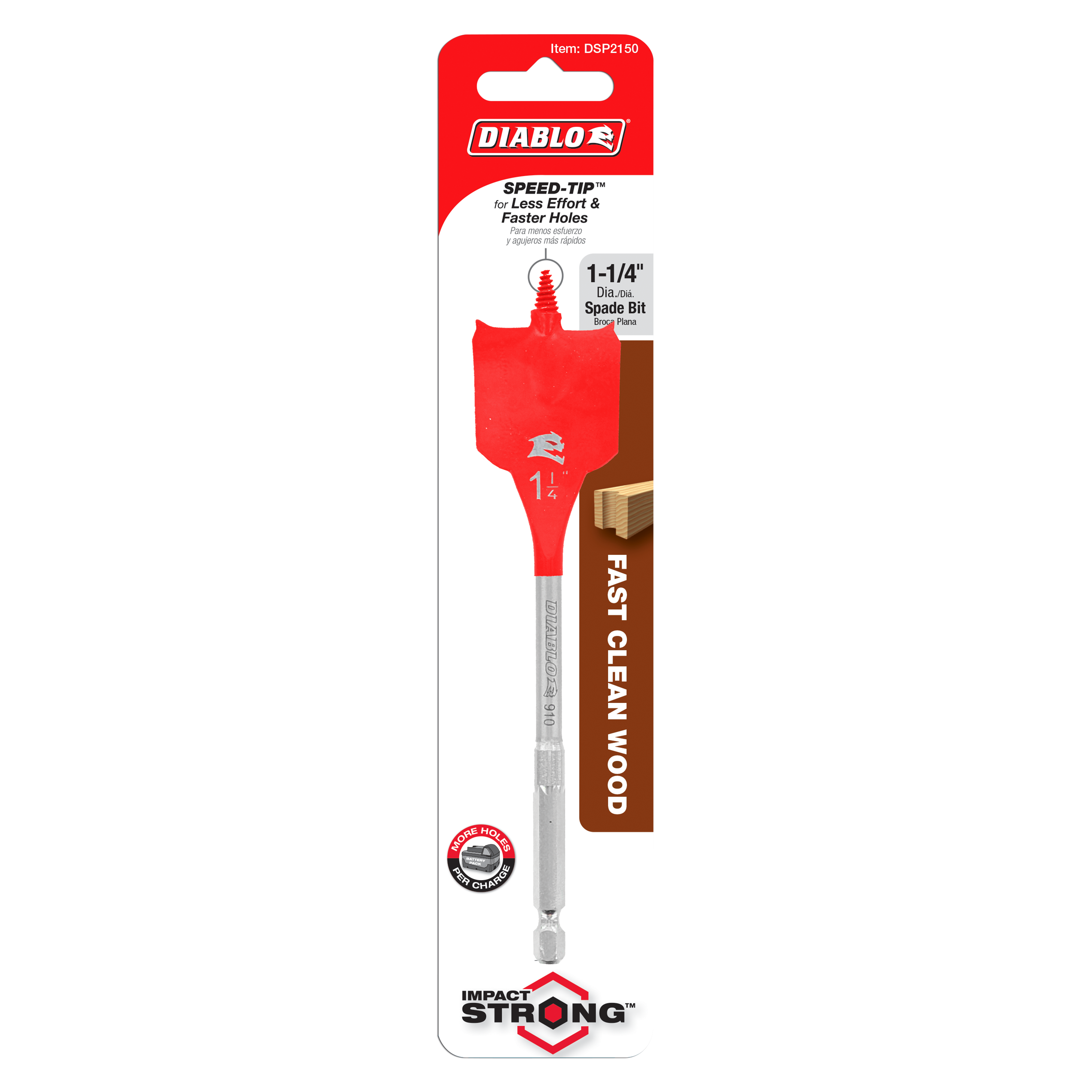 Diablo 1-1/4 inch spade bit with red head and gray shaft in packaging labeled Speed-Tip and Fast Clean Wood.