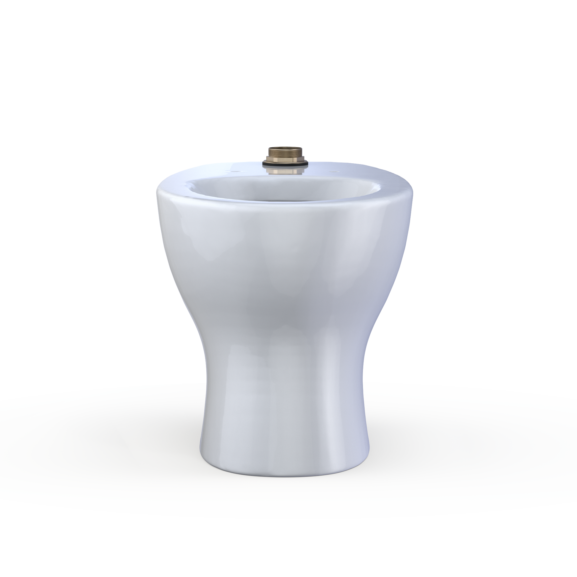 White elongated toilet bowl with flushometer connection point at top center.