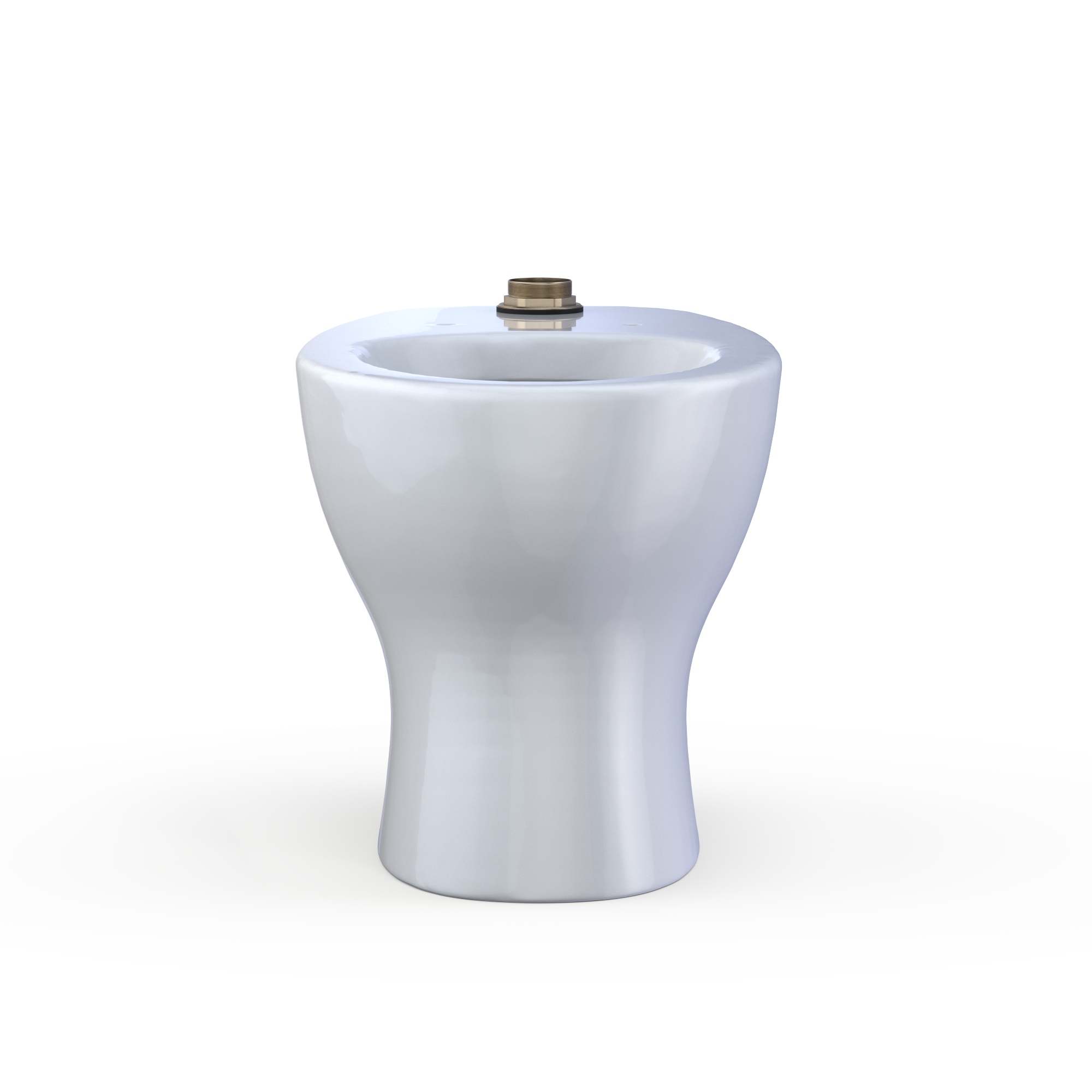 White ceramic elongated toilet bowl with flushometer connection point on top.