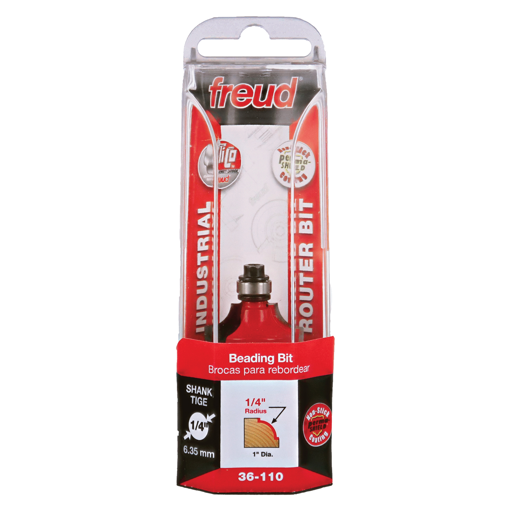 Freud 36-110 beading bit with 1/4" radius, 1" diameter, 1/4" shank in red and black packaging.