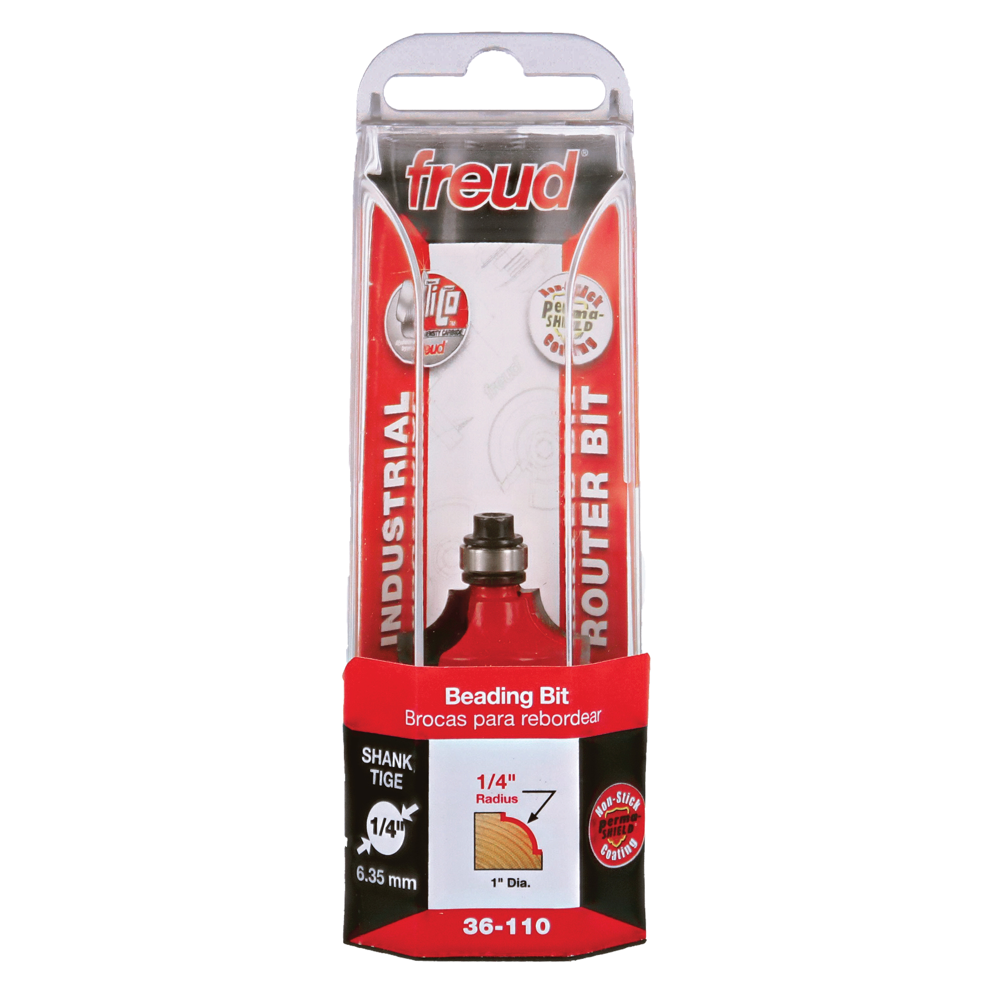 Freud 36-110 beading bit with 1/4" radius, 1" diameter, 1/4" shank in red and black packaging.