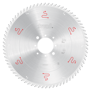 Circular saw blade with silver finish, multiple small cutting teeth around edge, white center arbor hole, and red markings on
