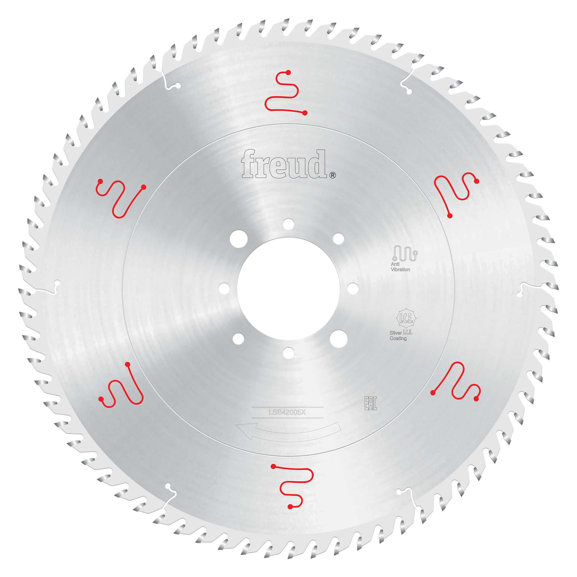 Circular saw blade with silver finish, multiple small cutting teeth around edge, white center arbor hole, and red markings on