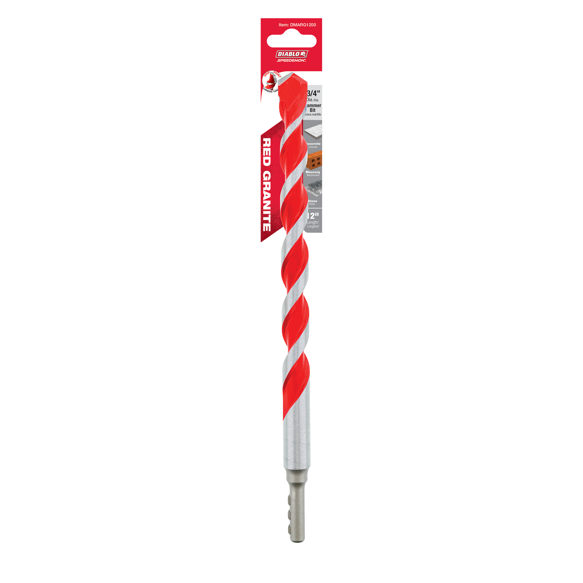 Red and gray SPEEDemon carbide-tipped hammer drill bit with spiral flutes and SDS-plus shank.