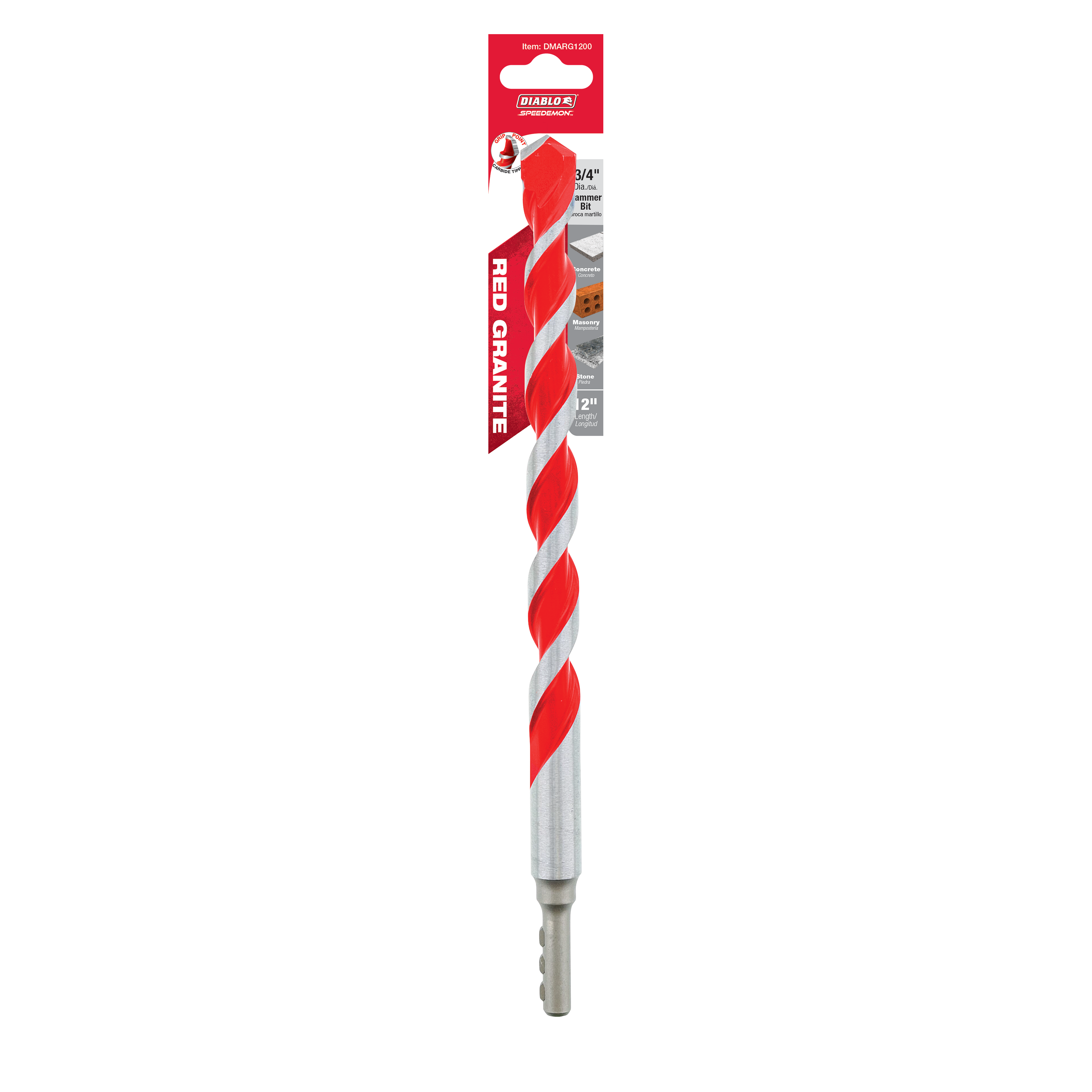 Red and gray SPEEDemon carbide-tipped hammer drill bit with spiral flutes and SDS-plus shank.