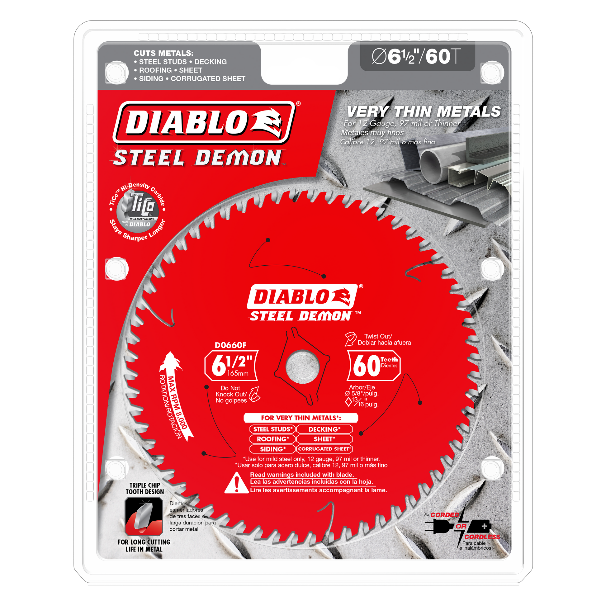 Diablo Steel Demon circular saw blade with 60 teeth on red backing card, labeled for thin metals cutting.
