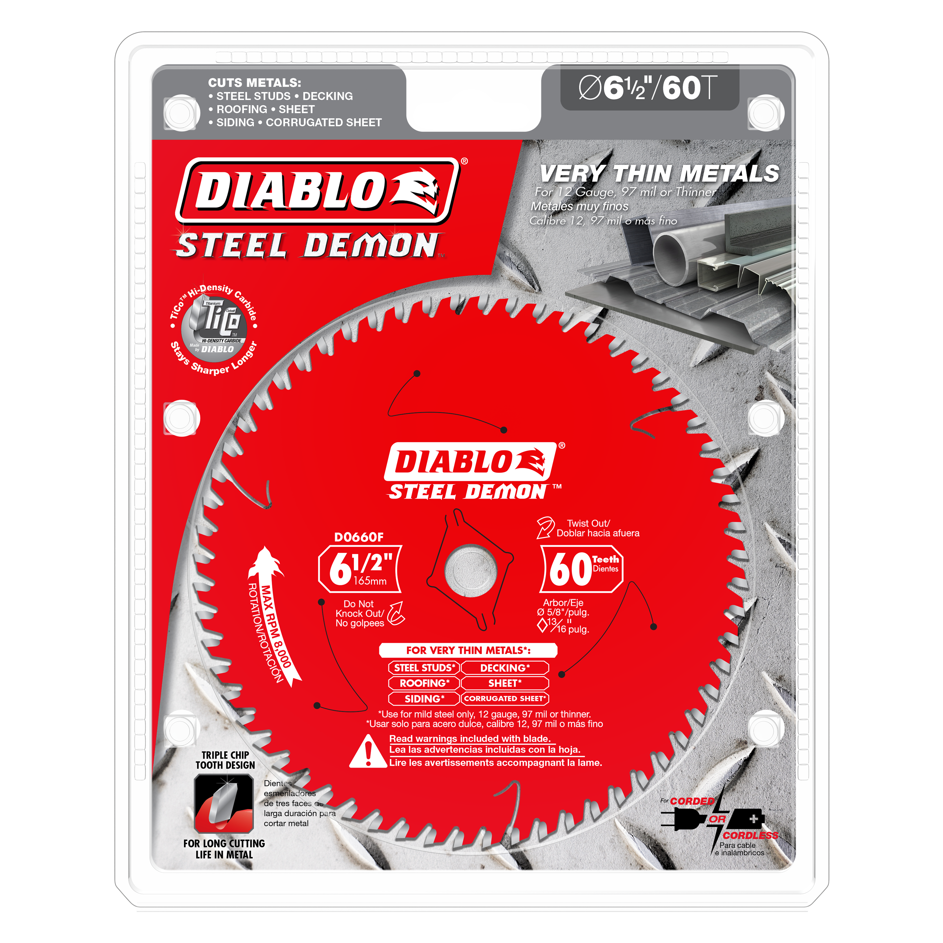 Diablo Steel Demon circular saw blade with 60 teeth on red backing card, labeled for thin metals cutting.