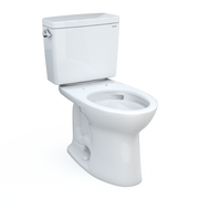 Cotton white two-piece elongated toilet with tank, bowl, and open seat showing interior flush mechanism.