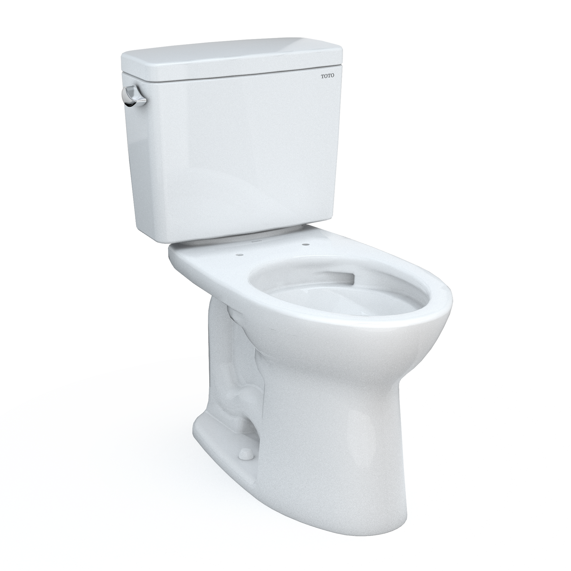 Cotton white two-piece elongated toilet with tank, bowl, and open seat showing interior flush mechanism.