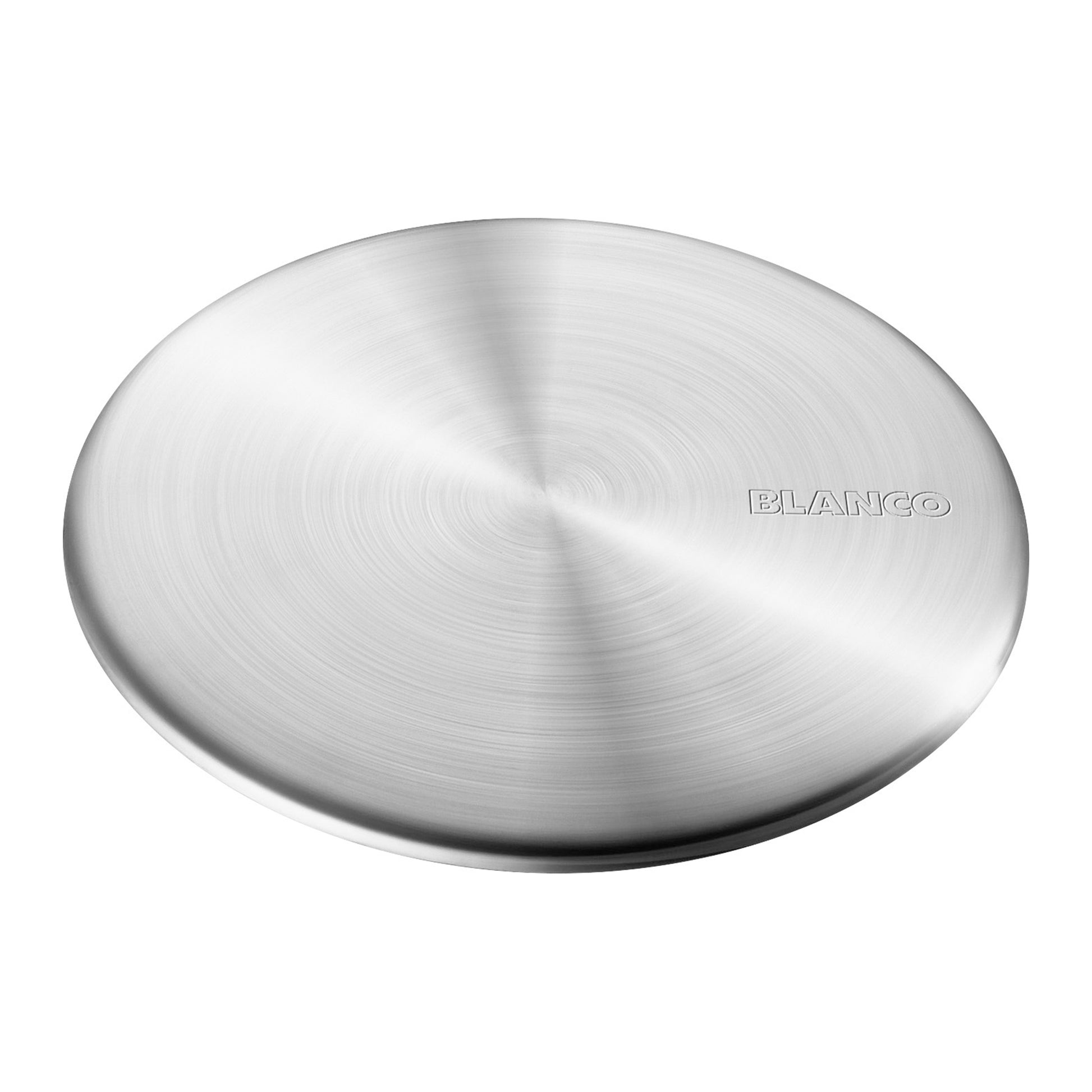 Stainless steel circular drain cover with brushed finish and Blanco branding.