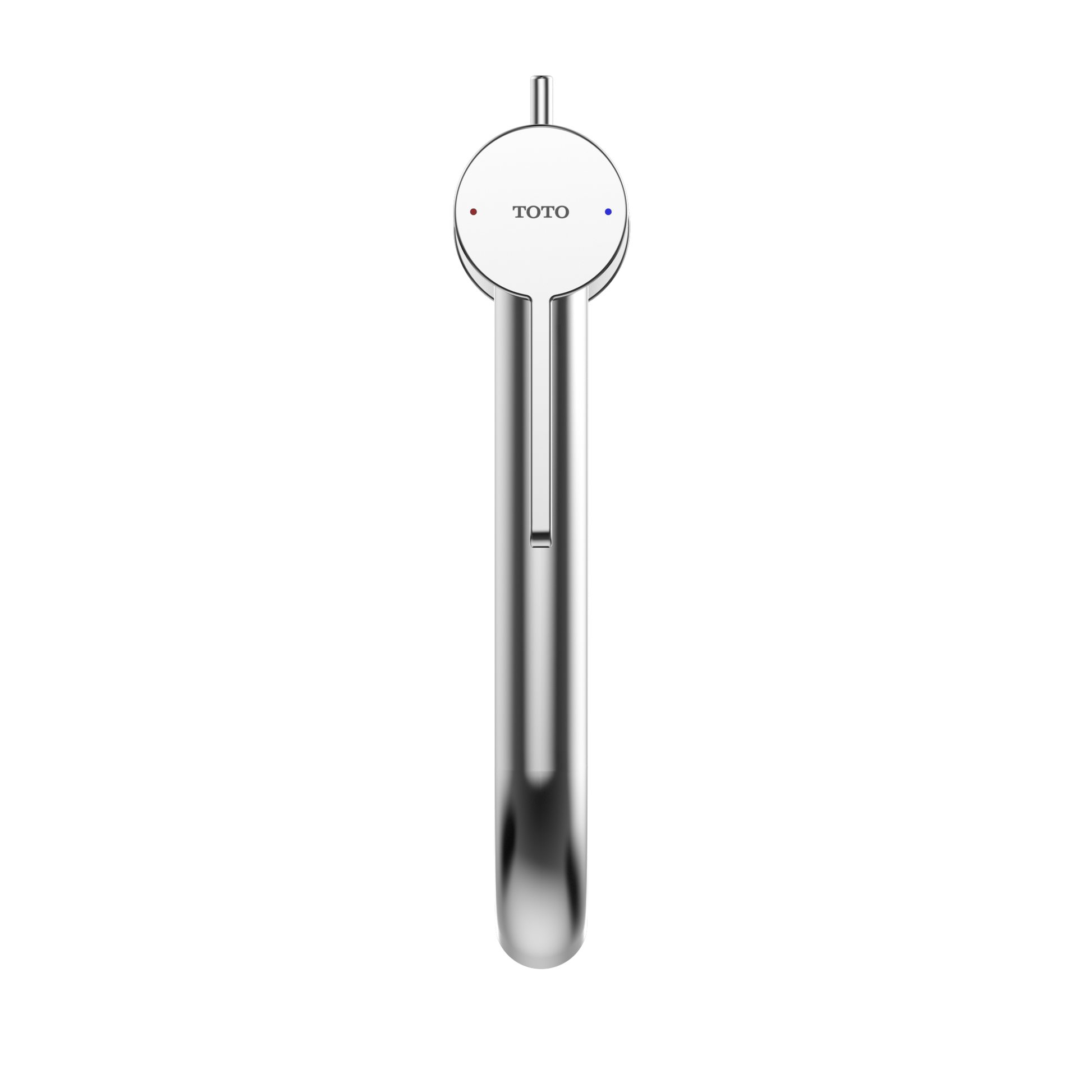 Polished chrome single-handle vessel faucet with circular control knob and curved spout, featuring hot and cold indicator dot