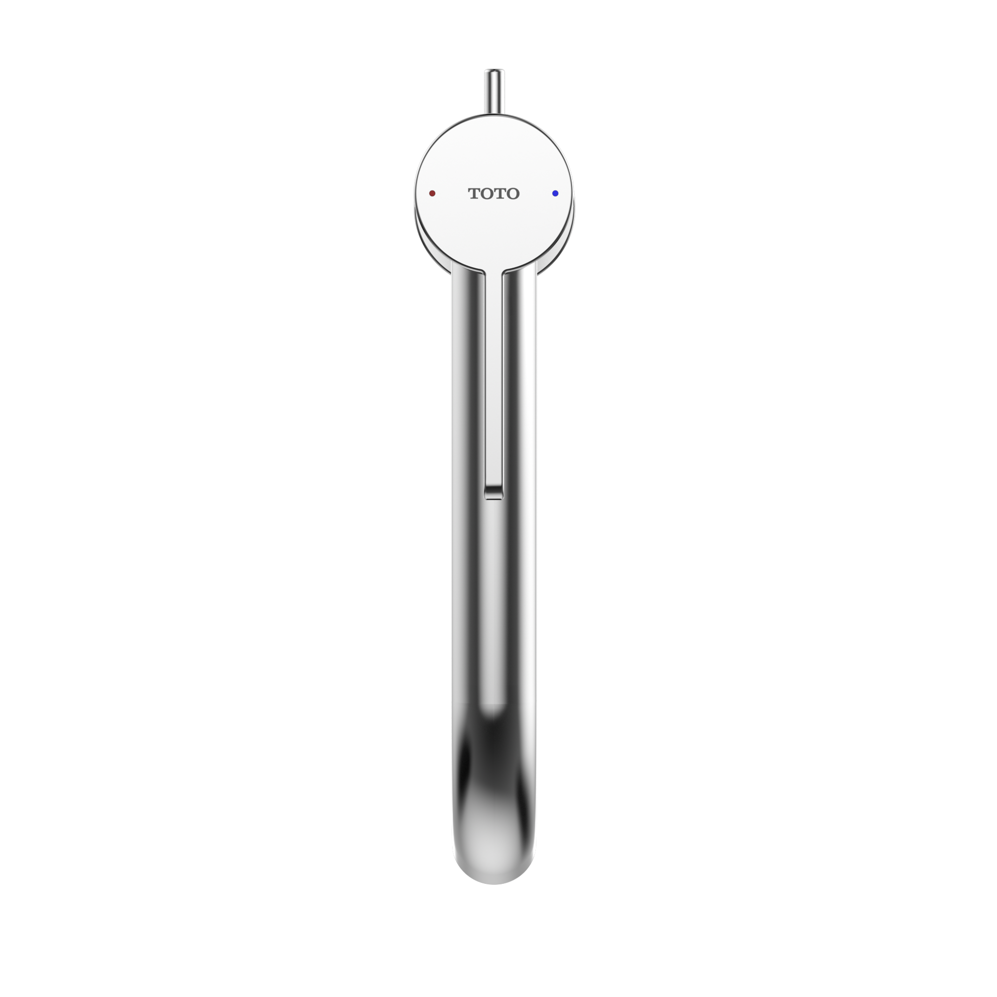 Polished chrome single-handle vessel faucet with circular control knob and curved spout, featuring hot and cold indicator dot