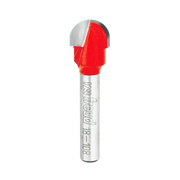 Freud 18-108 router bit with red cutting head and silver shank, featuring 1/4" radius round nose profile.