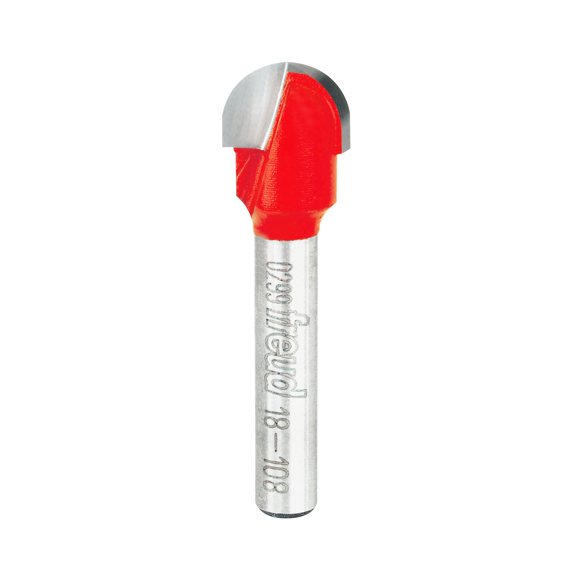 Freud 18-108 router bit with red cutting head and silver shank, featuring 1/4" radius round nose profile.