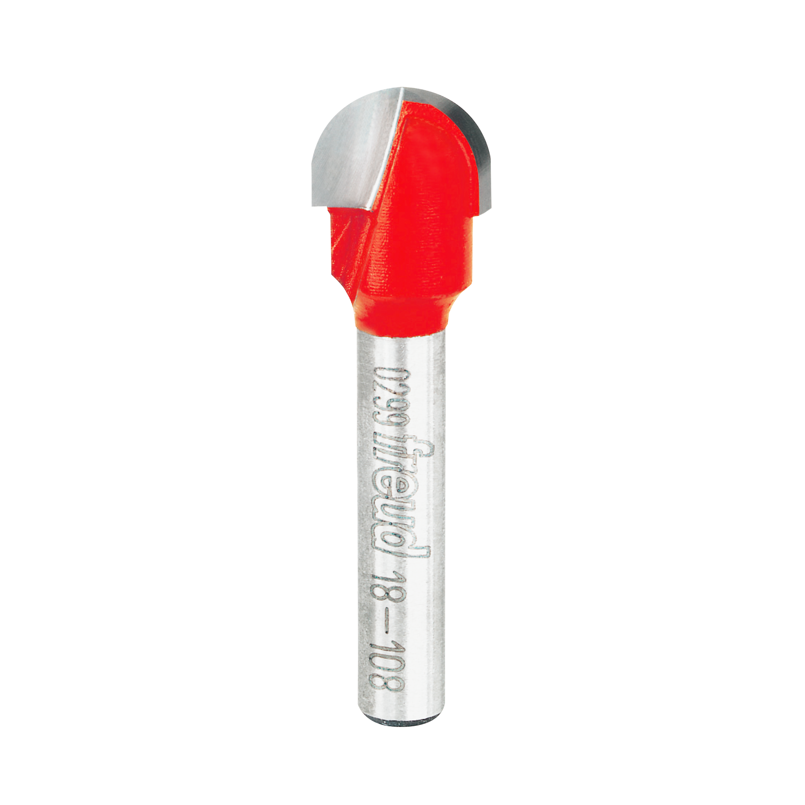 Freud 18-108 router bit with red cutting head and silver shank, featuring 1/4" radius round nose profile.