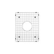 Stainless steel sink grid with crosshatch pattern and circular cutout, featuring black rubber corner feet.