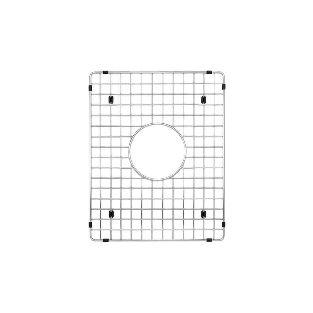 Stainless steel sink grid with crosshatch pattern and circular cutout, featuring black rubber corner feet.