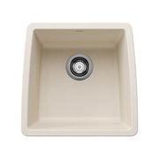 Soft white single-bowl bar sink with rounded corners and stainless steel drain strainer.