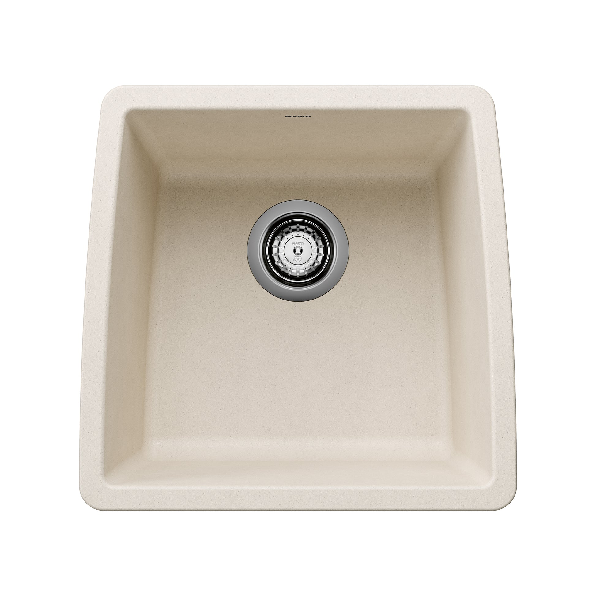 Soft white single-bowl bar sink with rounded corners and stainless steel drain strainer.