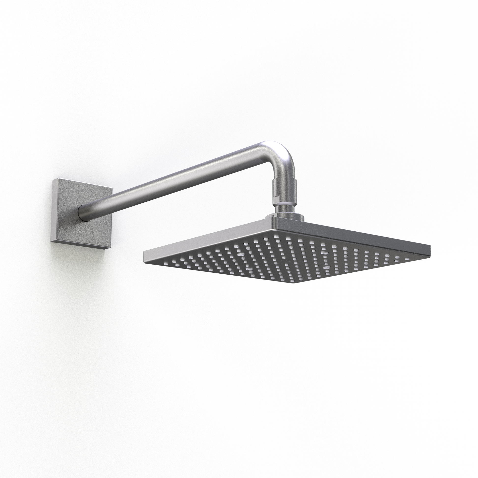Square brushed nickel shower head with perforated face and curved wall-mounted arm.