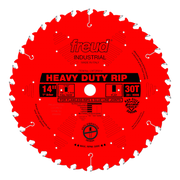 Red circular saw blade with 30 teeth, 1" arbor, labeled "Heavy Duty Rip" by Freud Industrial for woodworking.