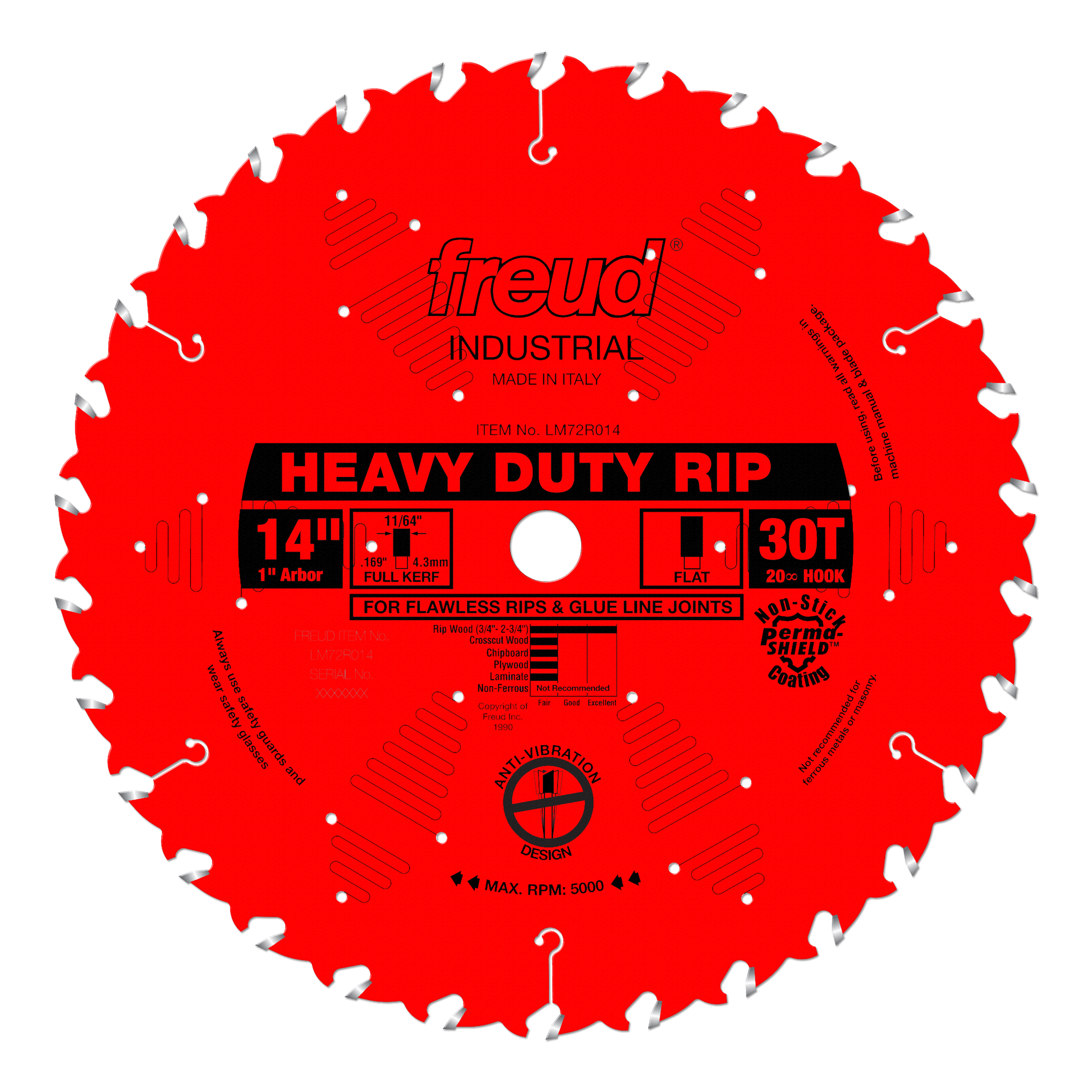 Red circular saw blade with 30 teeth, 1" arbor, labeled "Heavy Duty Rip" by Freud Industrial for woodworking.