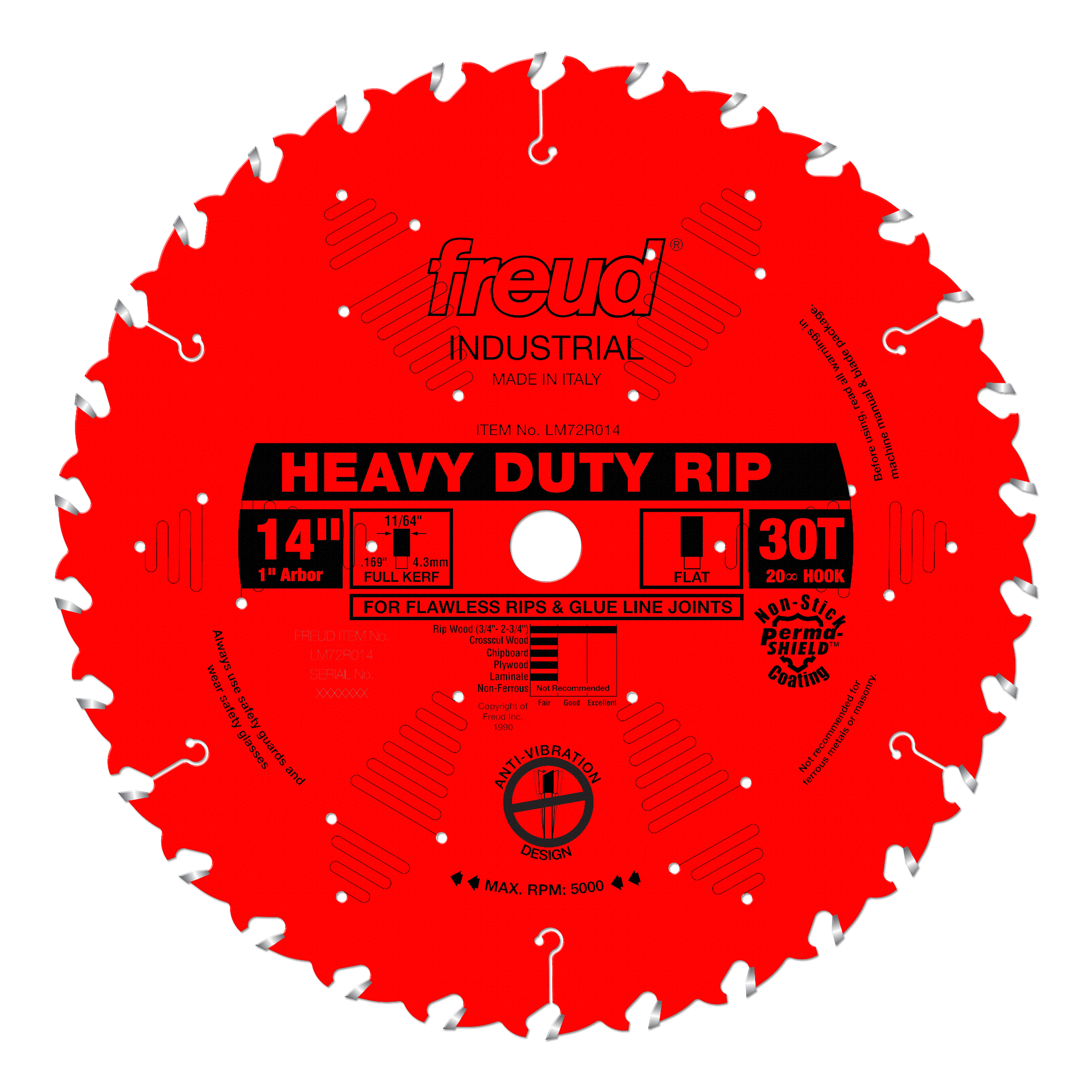 Red circular saw blade with 30 teeth, 1" arbor, labeled "Heavy Duty Rip" by Freud Industrial for woodworking.