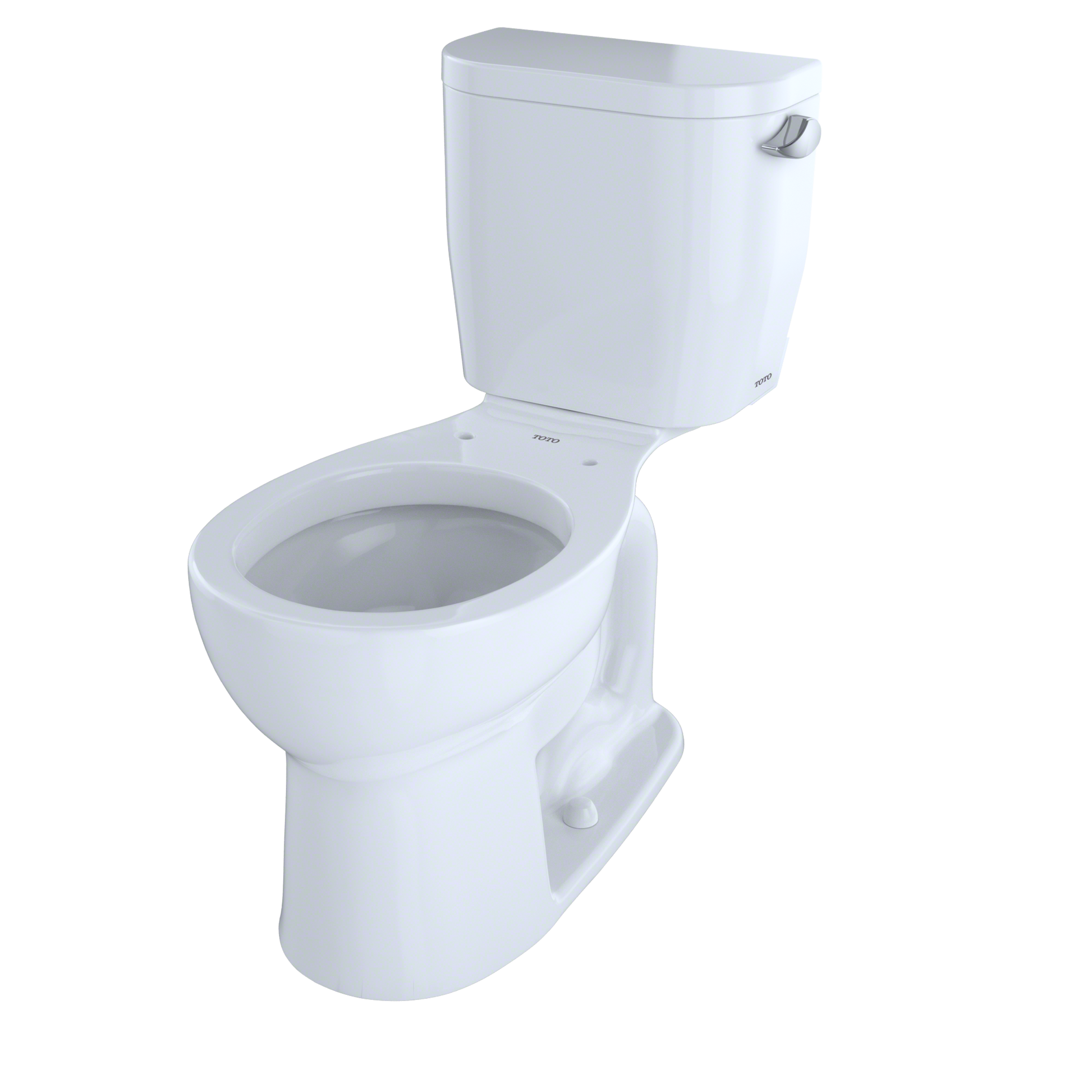 White two-piece round toilet with tank, right-hand lever, and open bowl without seat.