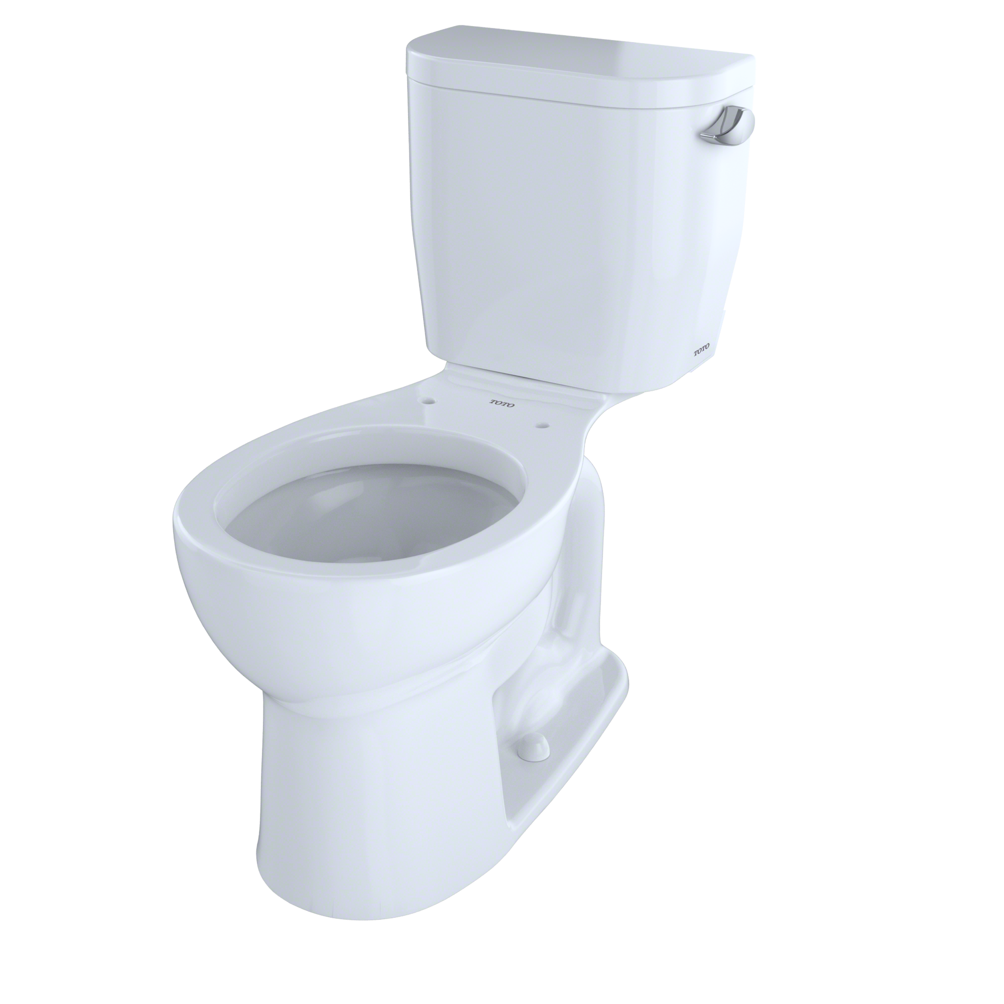 White two-piece round toilet with tank, right-hand lever, and open bowl without seat.