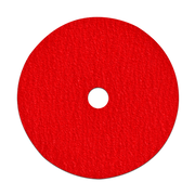 Red fiber disc with white center hole and textured abrasive surface.