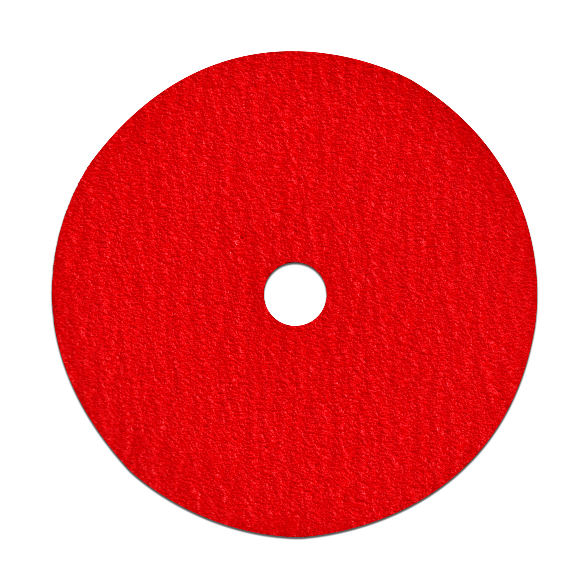 Red fiber disc with white center hole and textured abrasive surface.