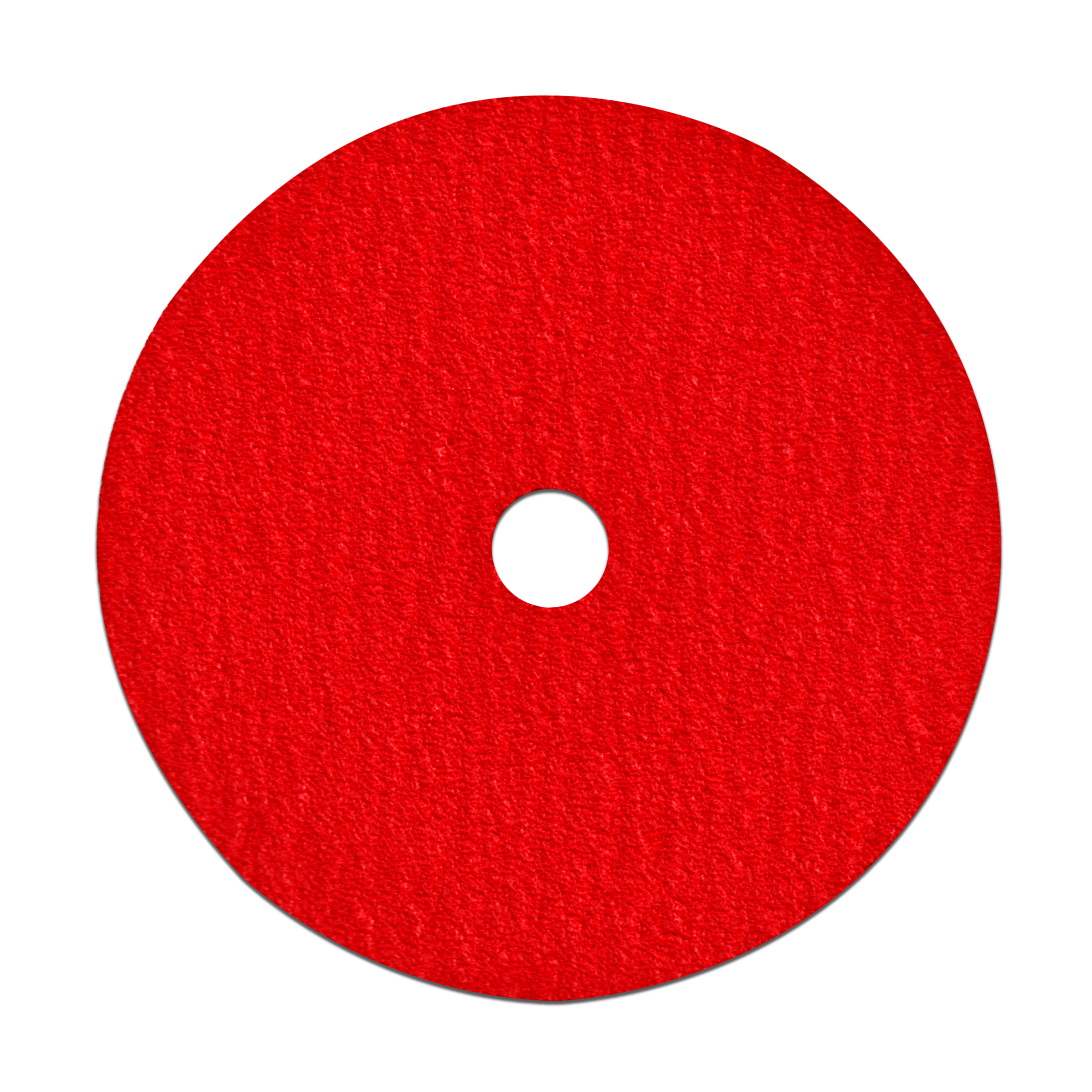 Red fiber disc with white center hole and textured abrasive surface.