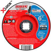 6-inch metal cut-off disc with X-Lock arbor, 1/16-inch thickness, gray grinding wheel on red and blue packaging.