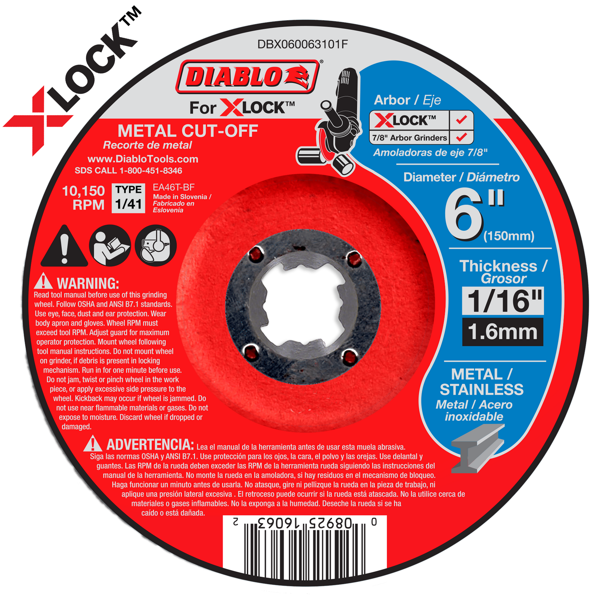 6-inch metal cut-off disc with X-Lock arbor, 1/16-inch thickness, gray grinding wheel on red and blue packaging.