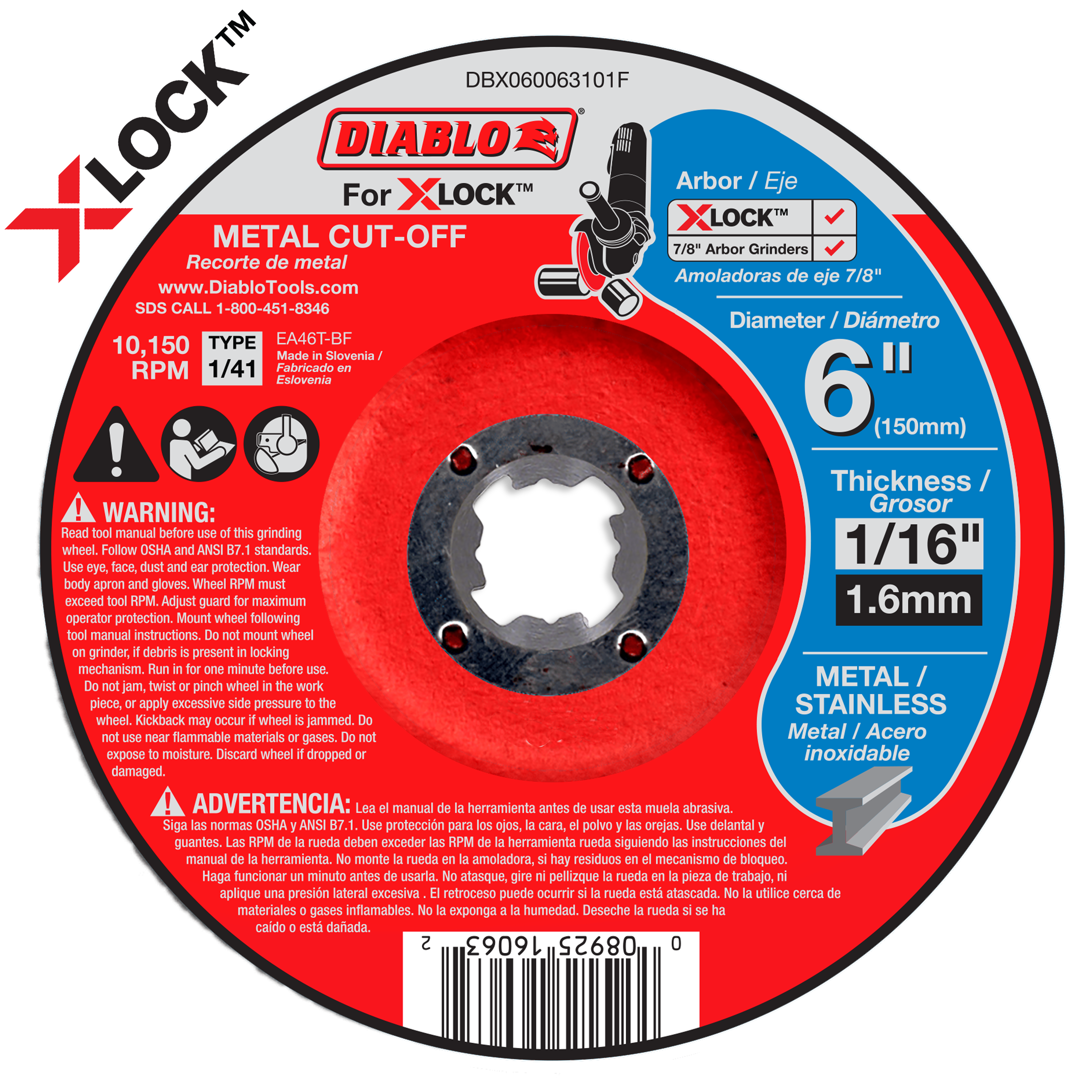 6-inch metal cut-off disc with X-Lock arbor, 1/16-inch thickness, gray grinding wheel on red and blue packaging.