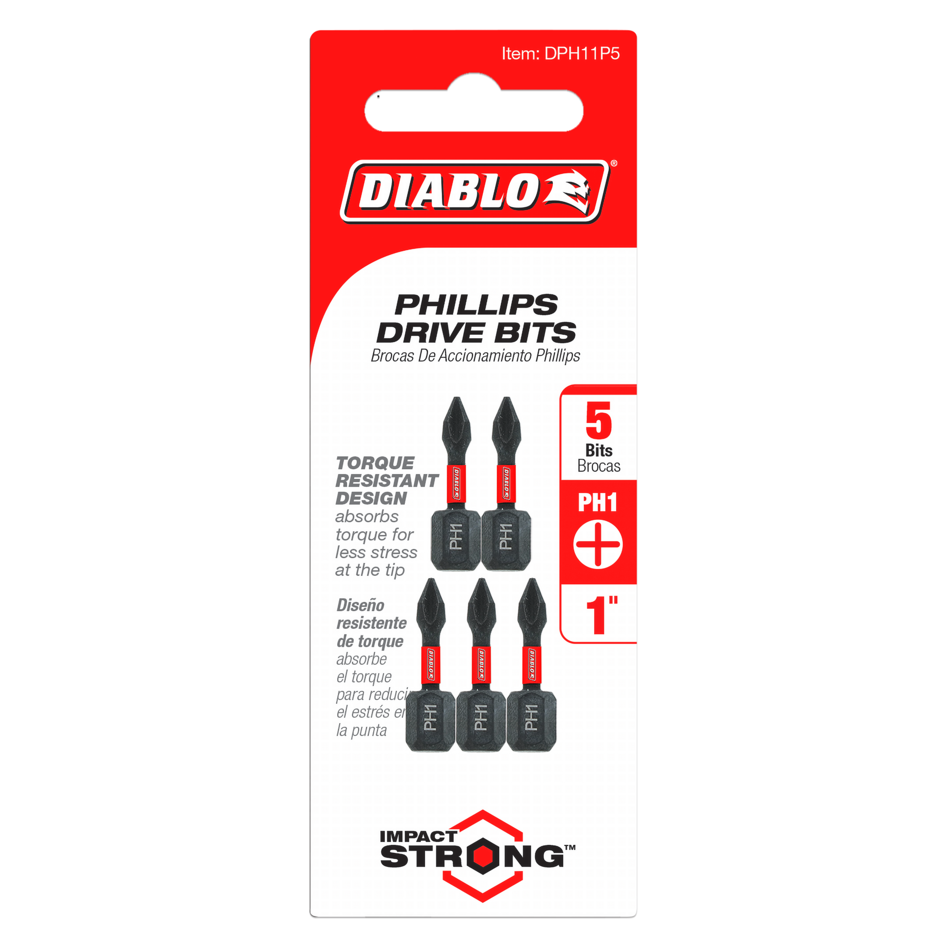 Five 1-inch #1 Phillips drive bits with black hex shanks and red sleeves on retail packaging.