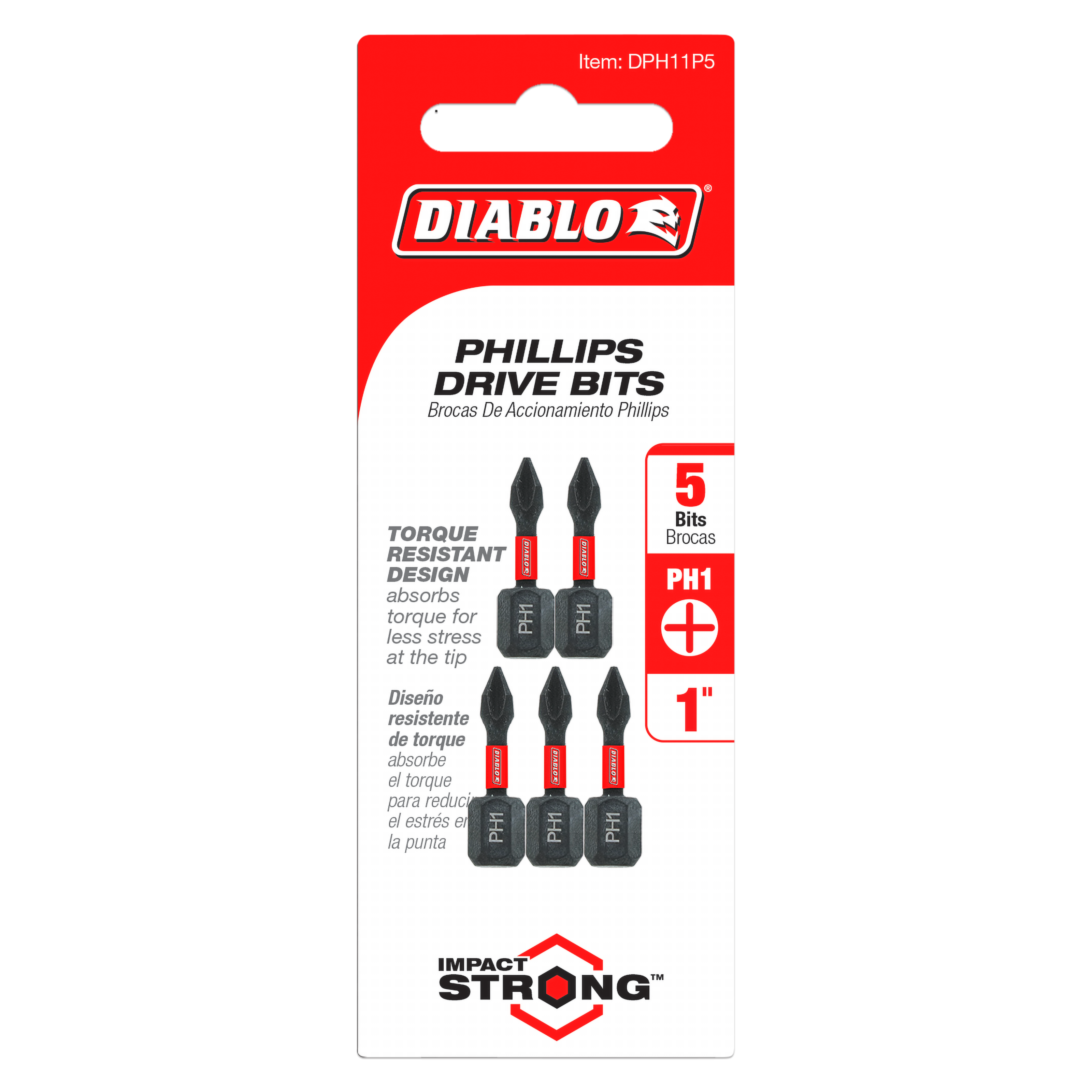 Five 1-inch #1 Phillips drive bits with black hex shanks and red sleeves on retail packaging.