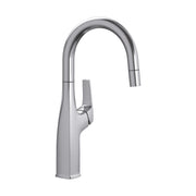 Stainless steel bar faucet with curved spout, single lever handle, and tapered base.