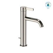 Polished nickel single-handle bathroom sink faucet with tall cylindrical body and curved spout.