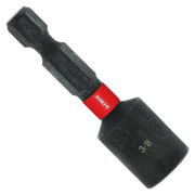 Black magnetic nut setter with red band, hexagonal socket marked "3/8" and bit end, angled view.
