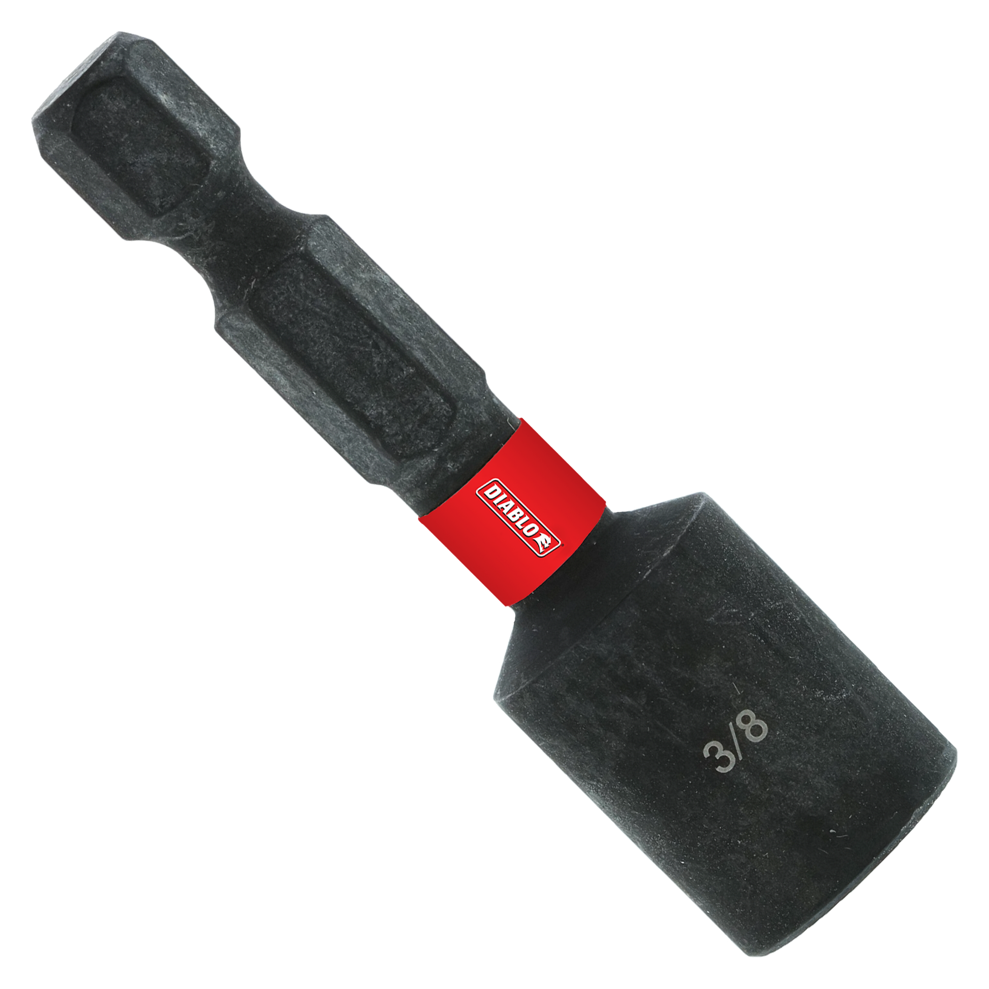 Black magnetic nut setter with red band, hexagonal socket marked "3/8" and bit end, angled view.