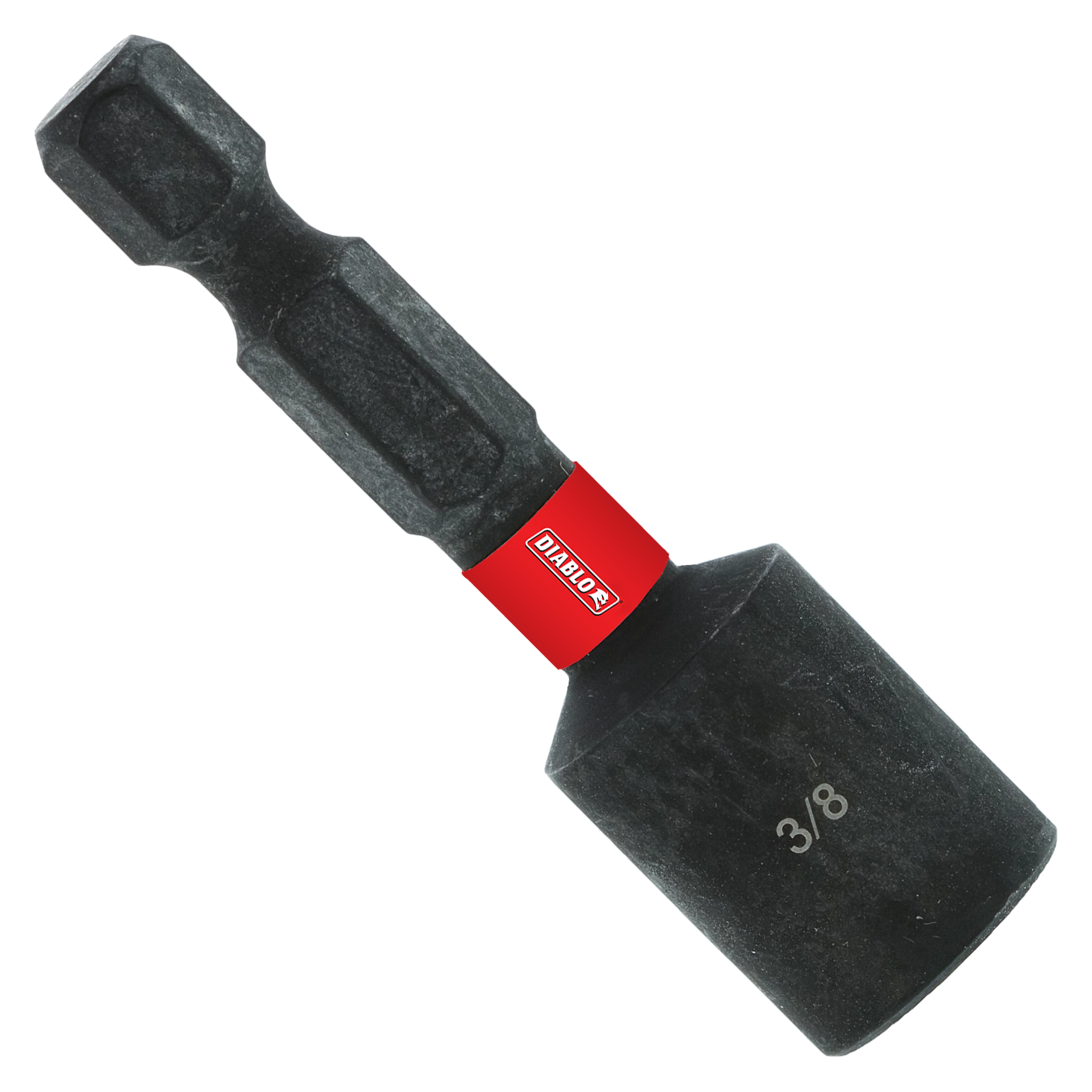 Black magnetic nut setter with red band, hexagonal socket marked "3/8" and bit end, angled view.