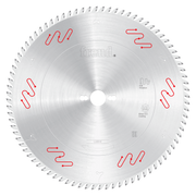 Freud 350mm circular saw blade with silver carbide-tipped teeth and red safety markings around the perimeter.