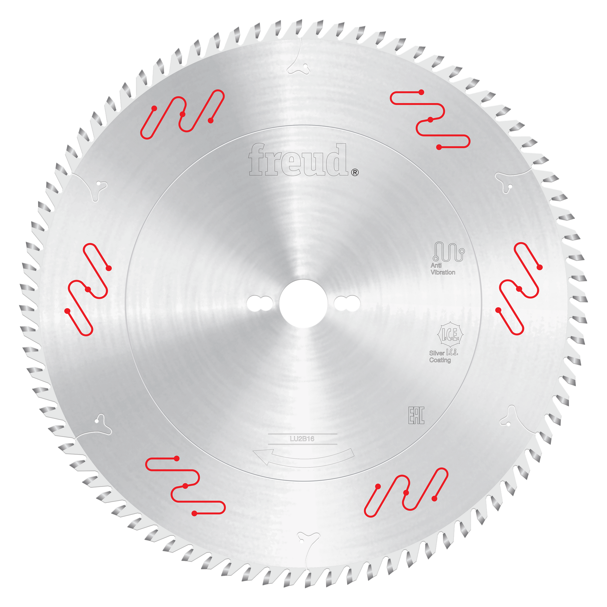 Freud 350mm circular saw blade with silver carbide-tipped teeth and red safety markings around the perimeter.