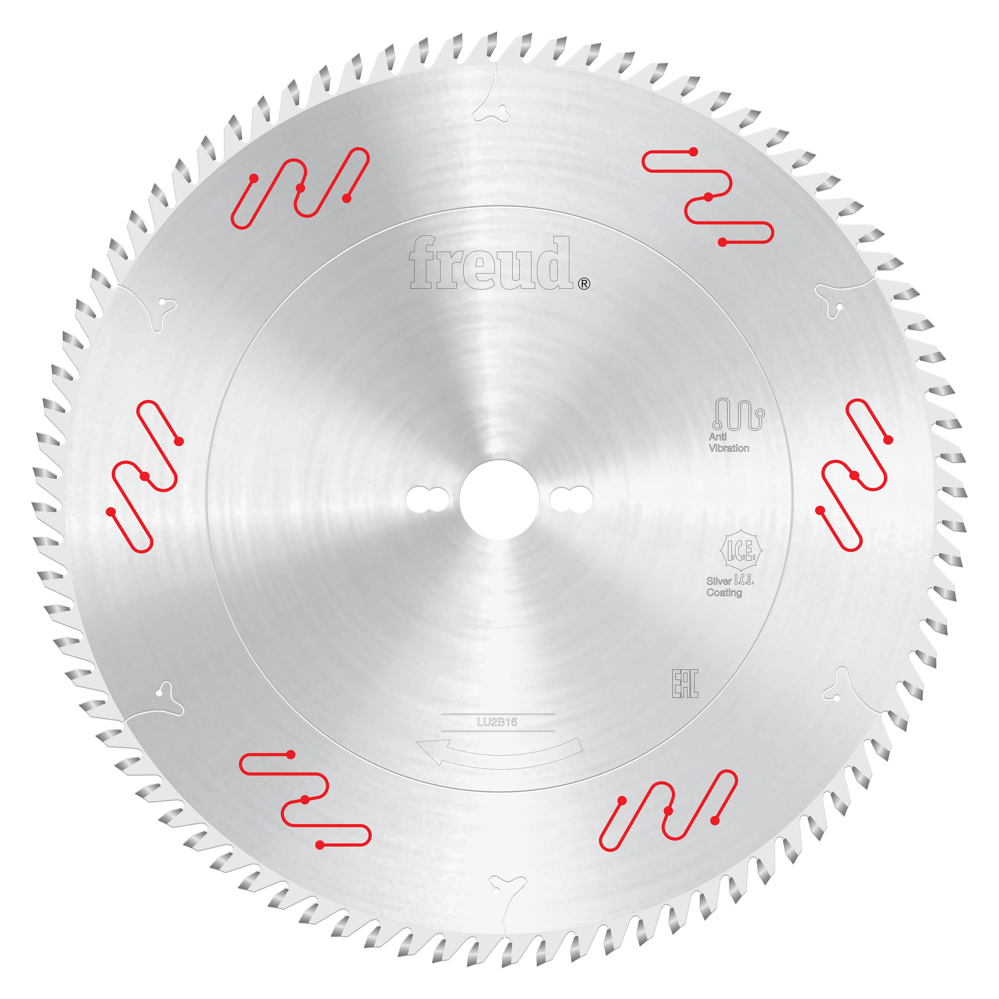 Freud 350mm circular saw blade with silver carbide-tipped teeth and red safety markings around the perimeter.