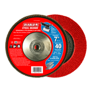 Red flap disc with metal hub center and radial abrasive flaps, labeled Diablo Steel Demon 40 grit for angle grinders.