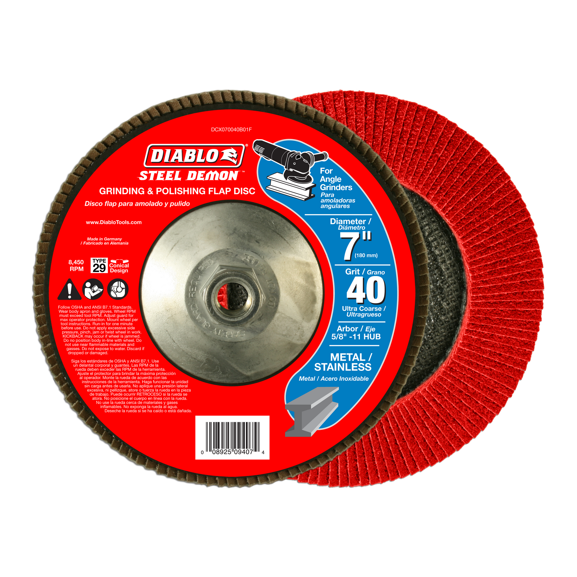 Red flap disc with metal hub center and radial abrasive flaps, labeled Diablo Steel Demon 40 grit for angle grinders.