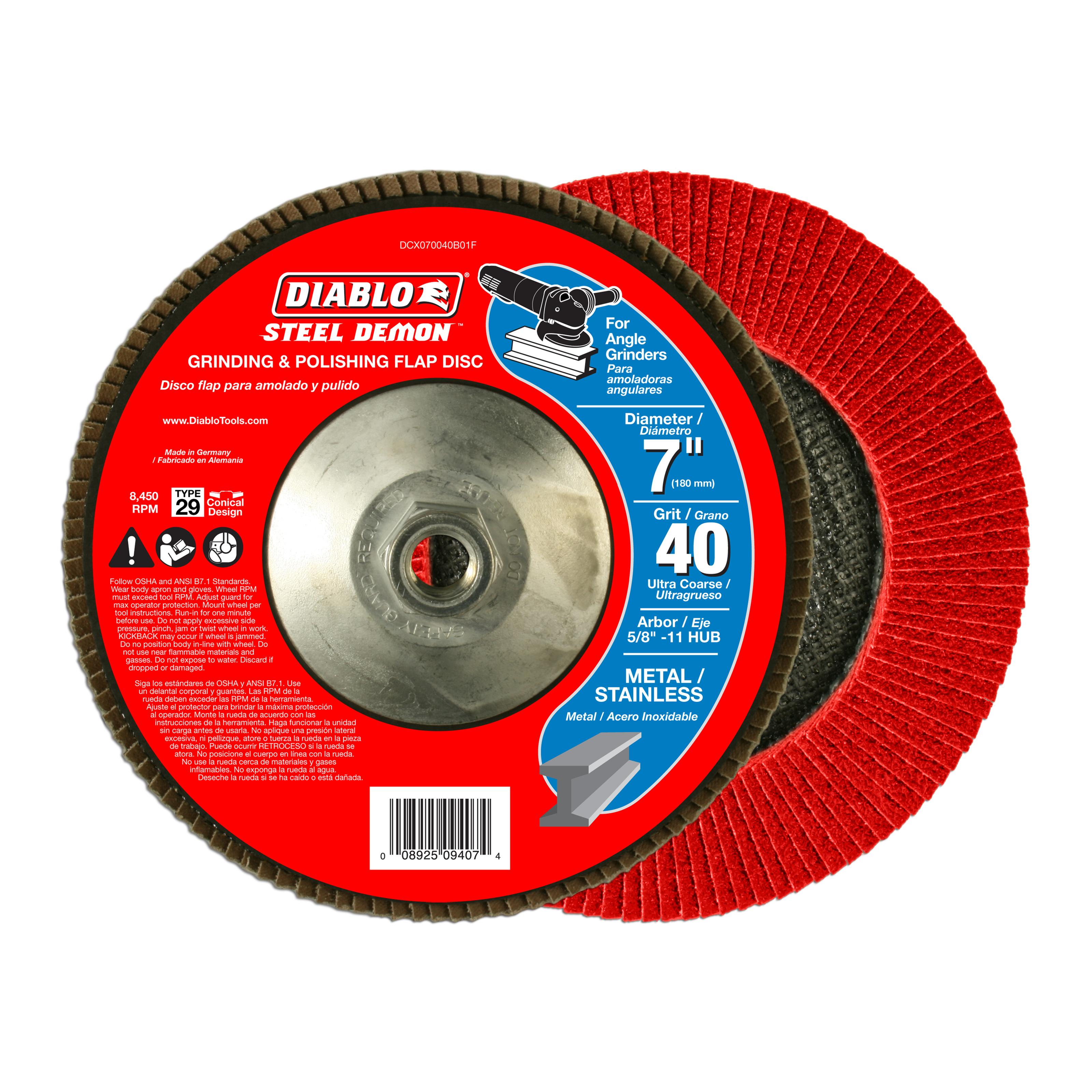 Red flap disc with metal hub center and radial abrasive flaps, labeled Diablo Steel Demon 40 grit for angle grinders.