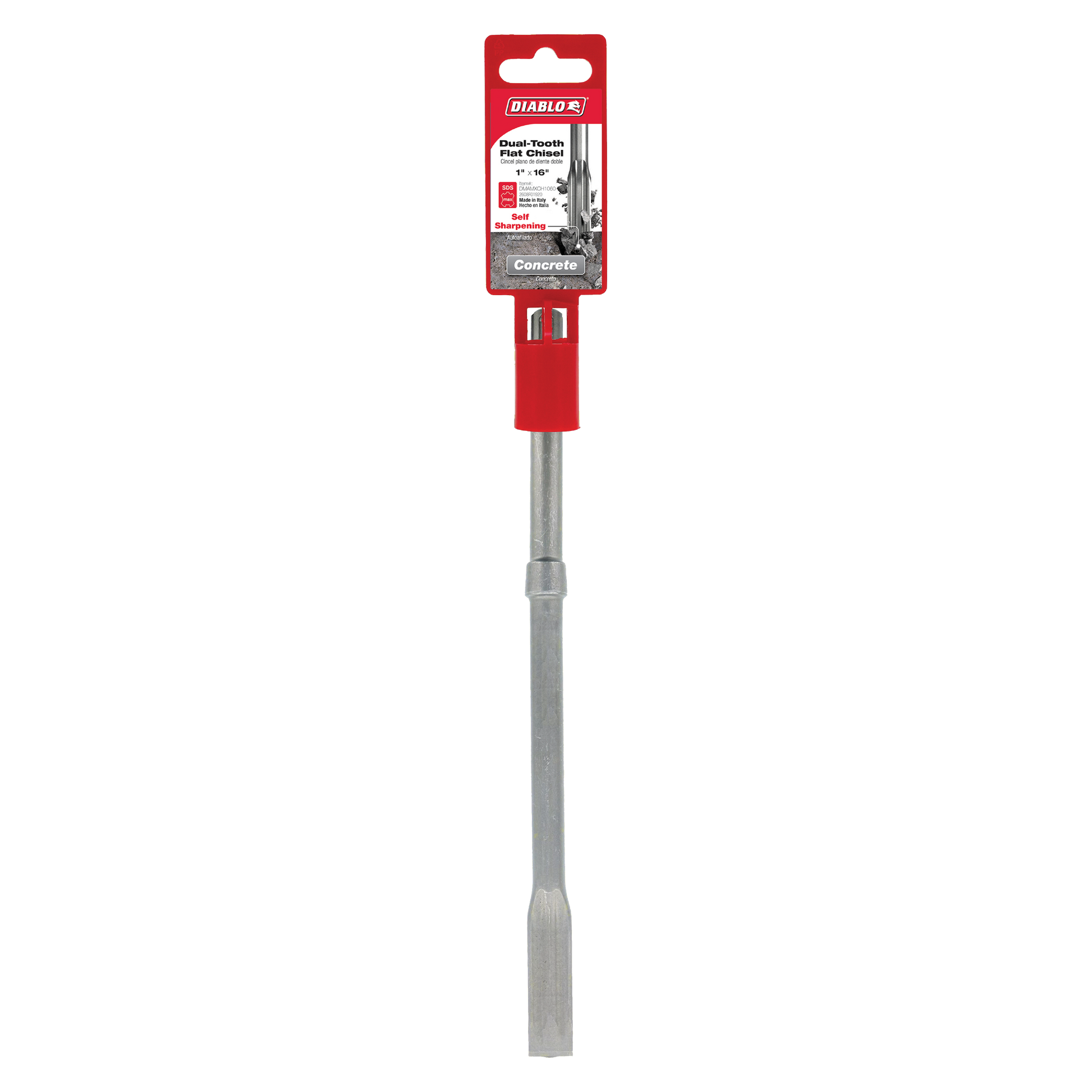 Diablo SDS-Max flat chisel with red plastic grip and metal shaft, shown with packaging.