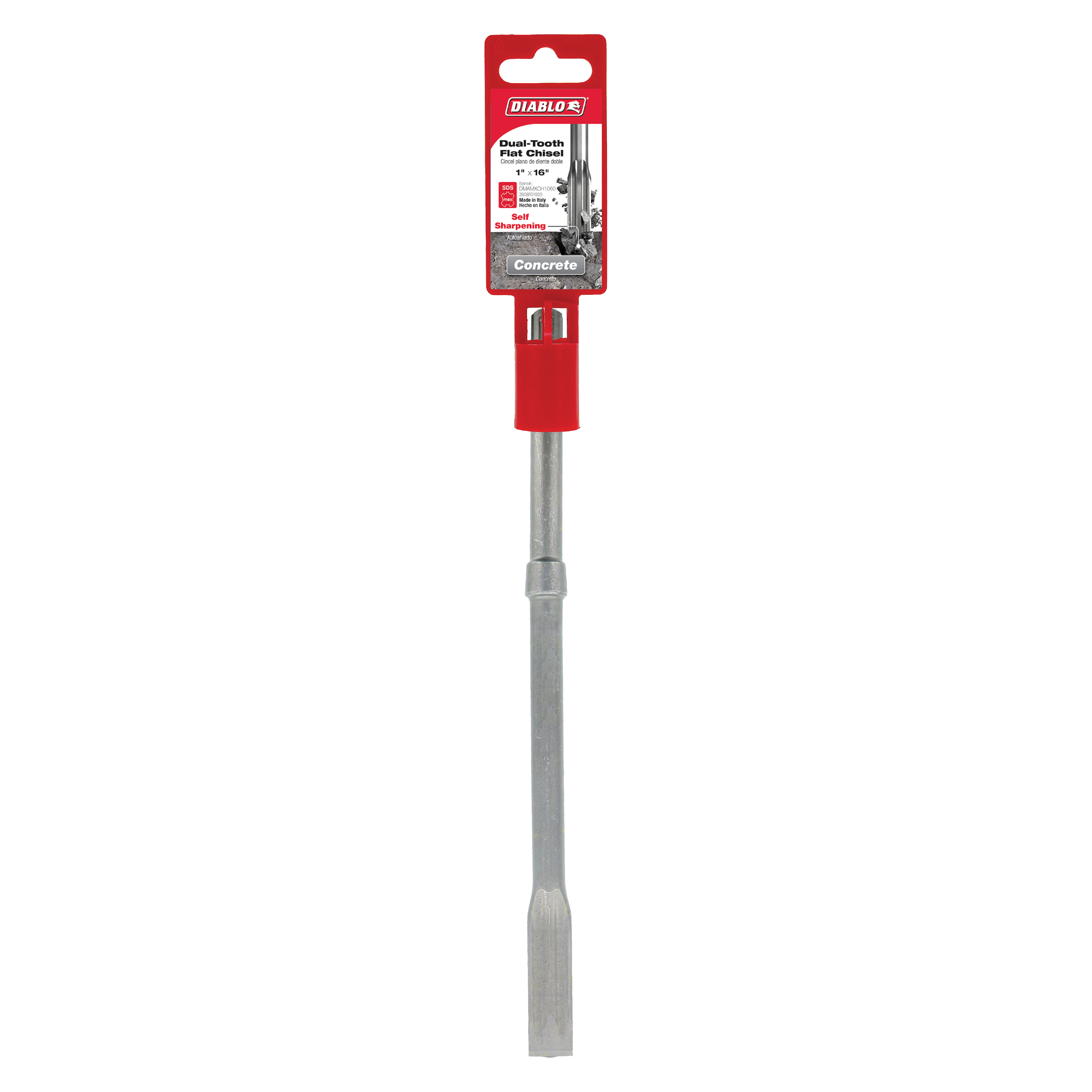 Diablo SDS-Max flat chisel with red plastic grip and metal shaft, shown with packaging.